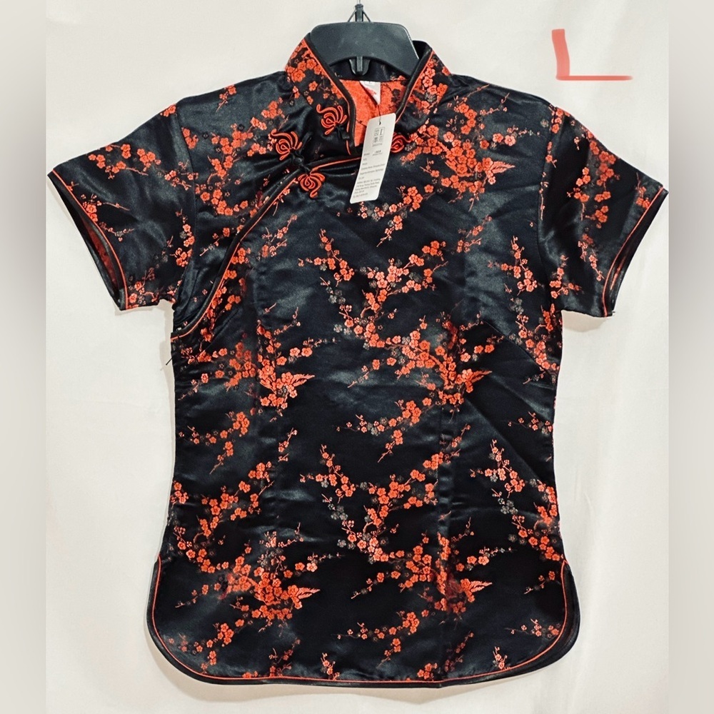 LADIES BLACK TOP WITH RED FLOWERS